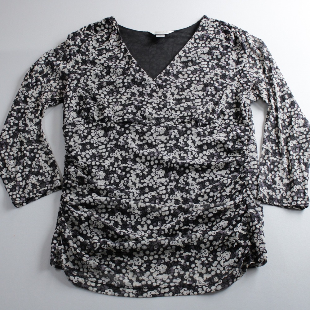 Christopher & Banks Floral Mesh Faux Wrap Top XL Black White 3/4 Sleeve Blouse